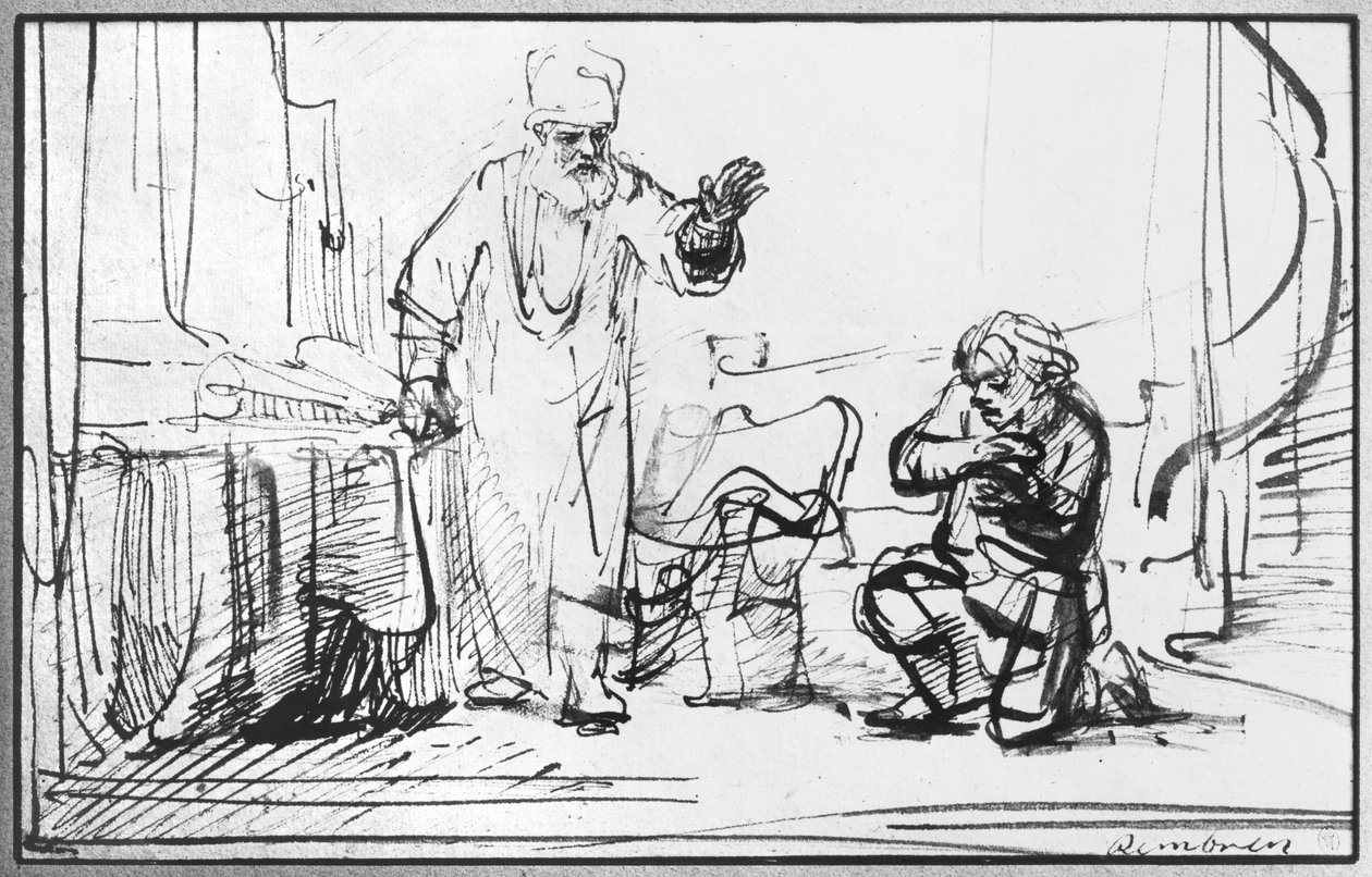 Lignelse om den hensynsløse kreditor (pen und bistre på papir) af Rembrandt van Rijn