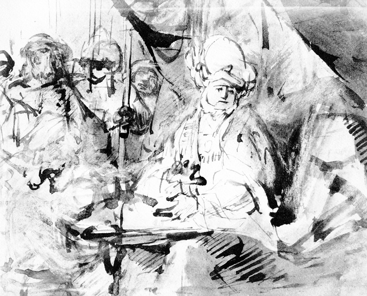 Pilatus vasker hænder, ca. 1665 (pen, blæk og vask på papir) af Rembrandt van Rijn
