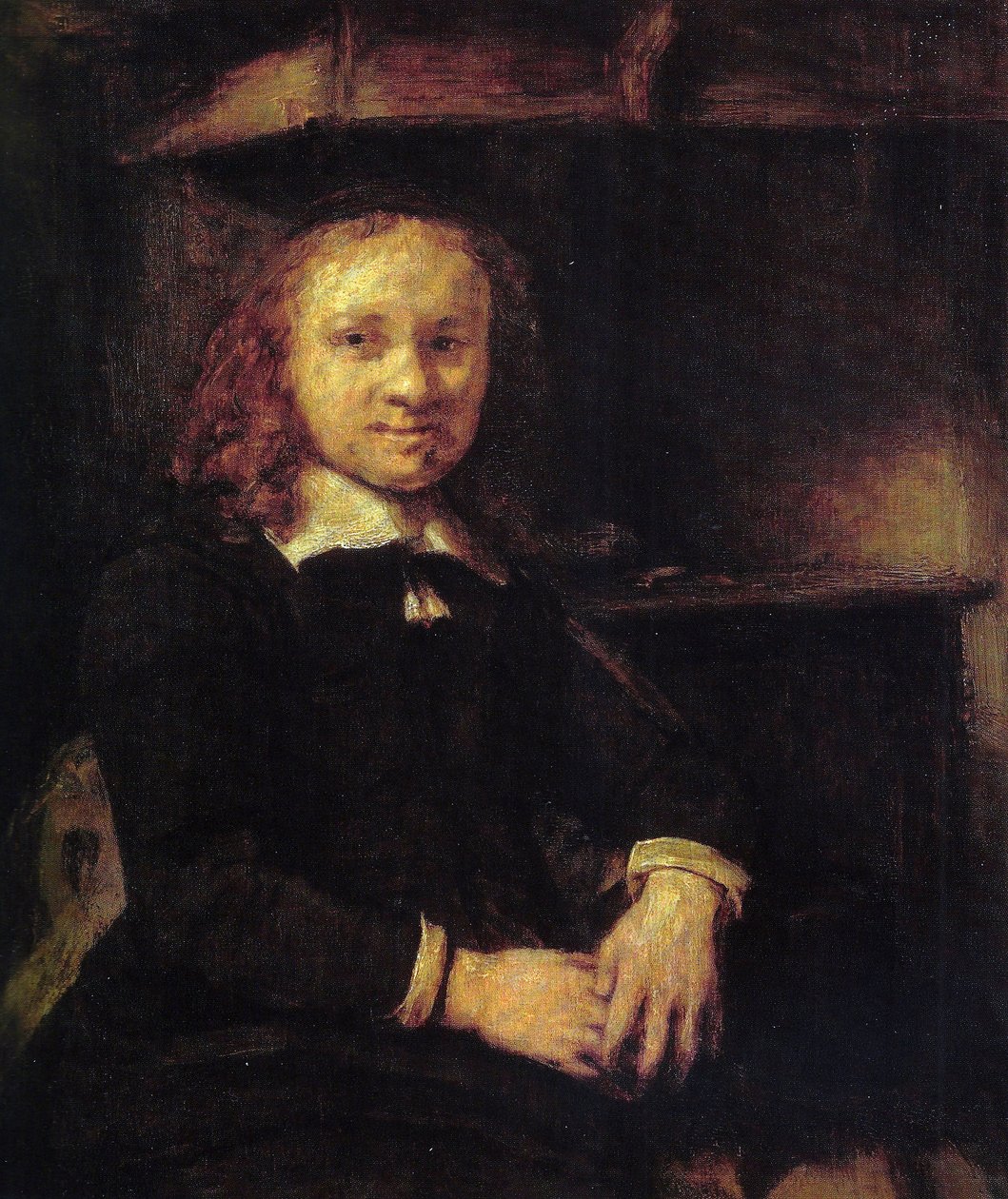 Portræt af Jan Boursse, siddende ved en komfur af Rembrandt van Rijn