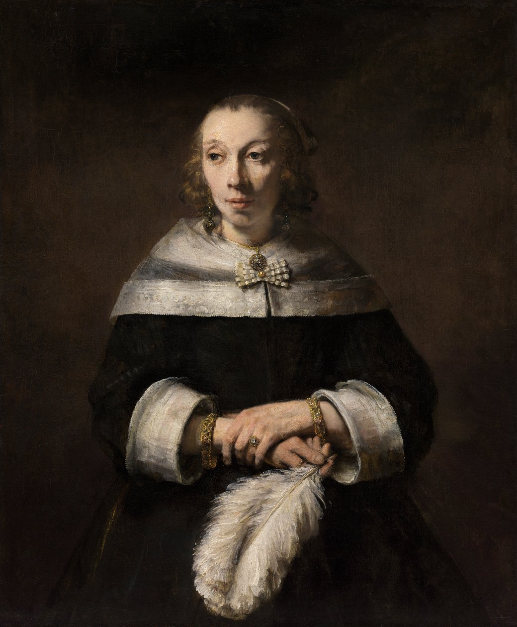 Portræt af en dame med en struds-fjer blæser af Rembrandt van Rijn