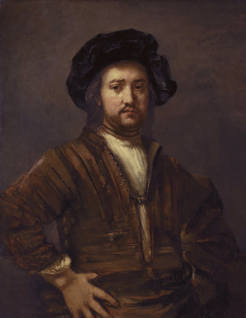 Portræt af en mand med hænderne på siden af Rembrandt van Rijn