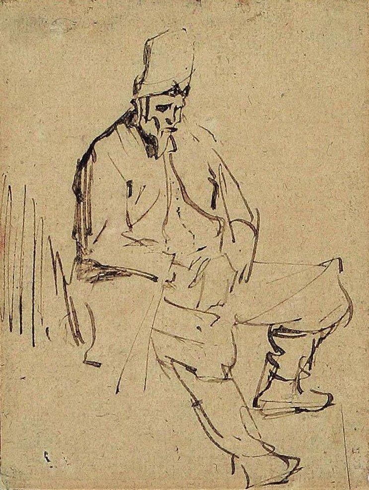 Siddende mand med en høj kasket af Rembrandt van Rijn