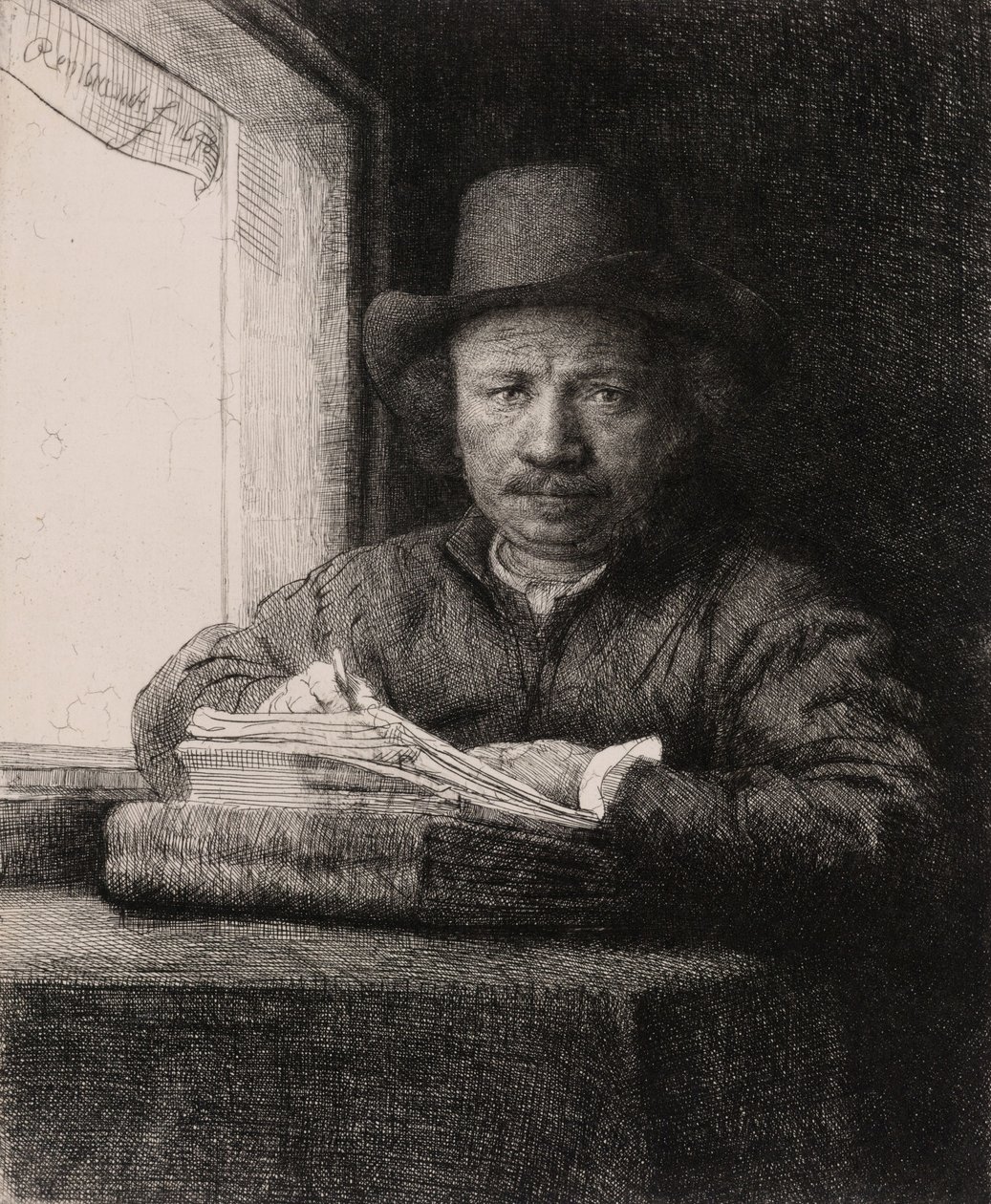 Selvportræt tegning ved et vindue af Rembrandt van Rijn