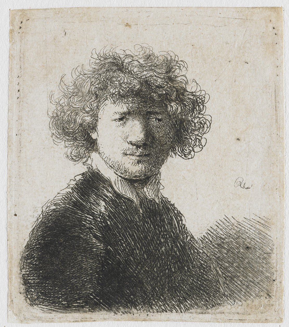 Selvportræt med krøllet hår og hvid krave af Rembrandt van Rijn