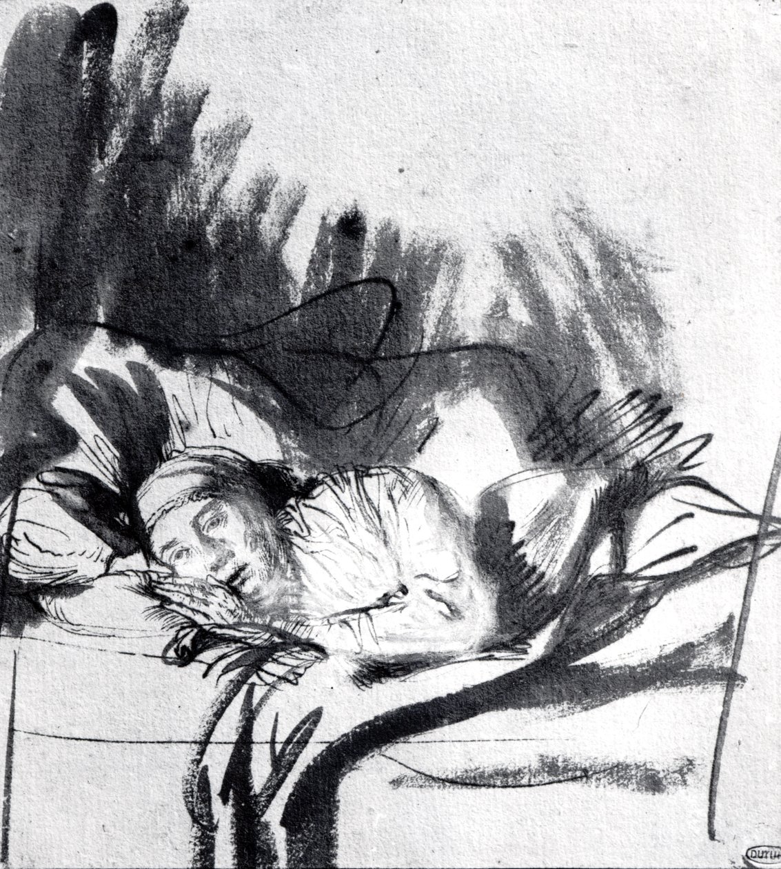 Syg kvinde i en seng, måske Saskia, malerens hustru, ca.1640 (pen und bistre på papir) af Rembrandt van Rijn