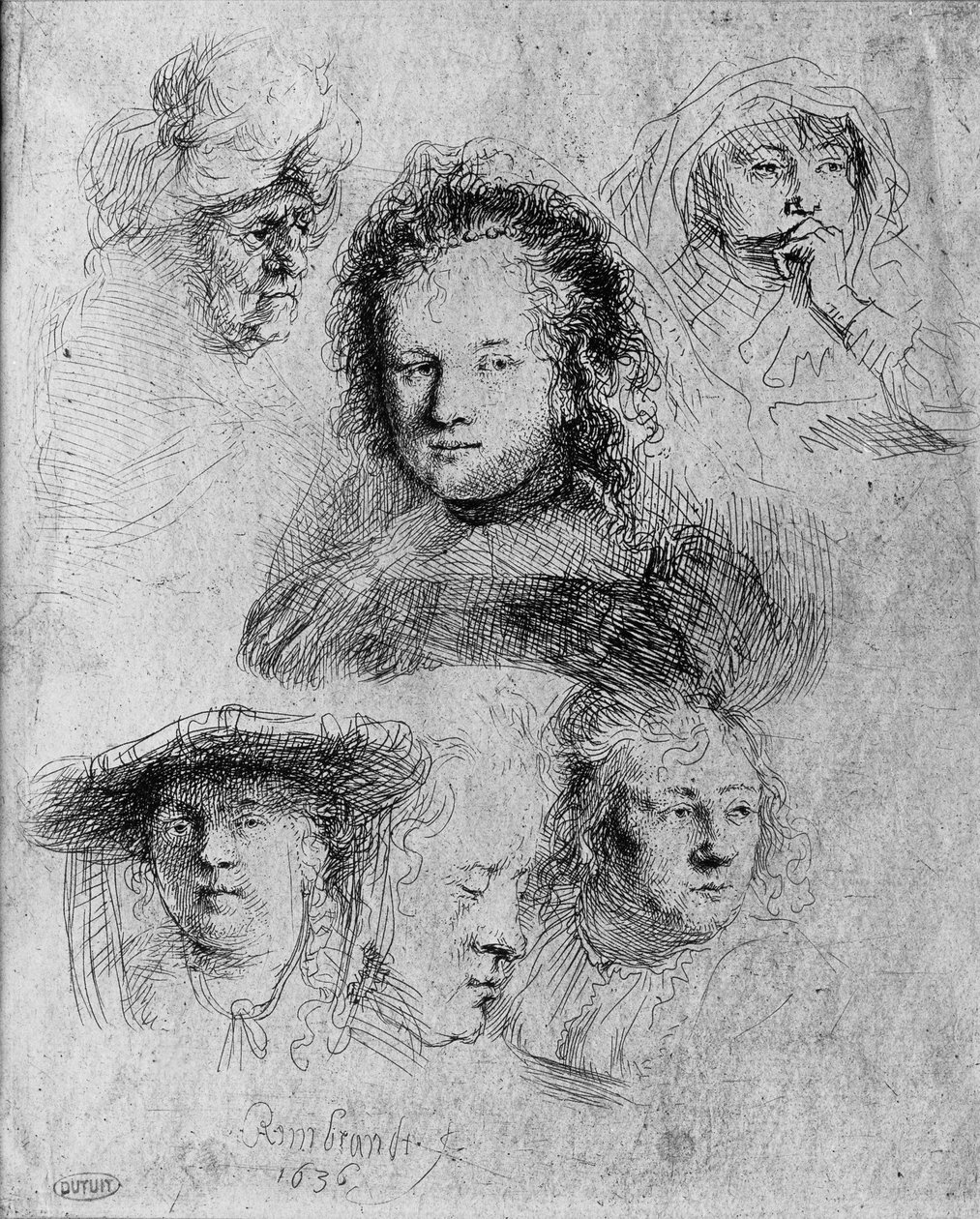 Seks hoveder med Saskia van Uylenburgh (1612-42) i midten, 1636 af Rembrandt van Rijn
