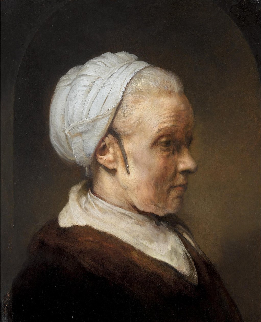 Studie af en gammel kvinde med hvid hue af Rembrandt van Rijn