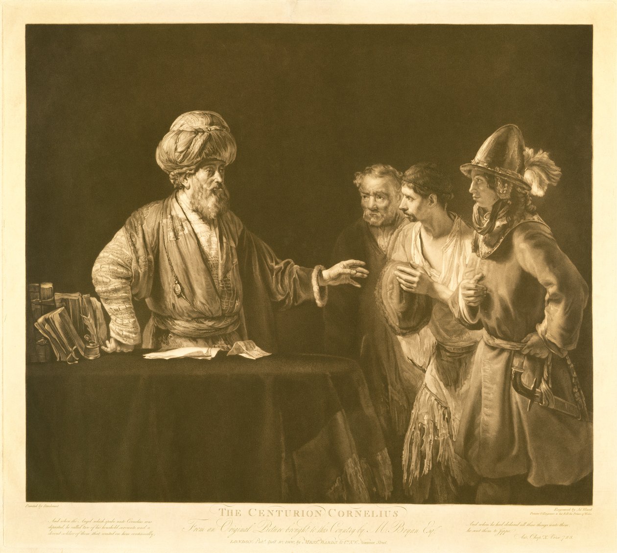 Den romerske centurion Cornelius beordrer sine tjenere til at gå til Joppe for at bede apostlen Peter om at besøge ham i Cæserea, indgraveret af James Ward (1769-1859) 1800 (brun og hvid gravering) af Rembrandt van Rijn