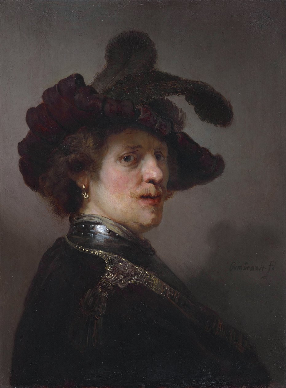 Tronie af en mand med en fjerret baret af Rembrandt van Rijn