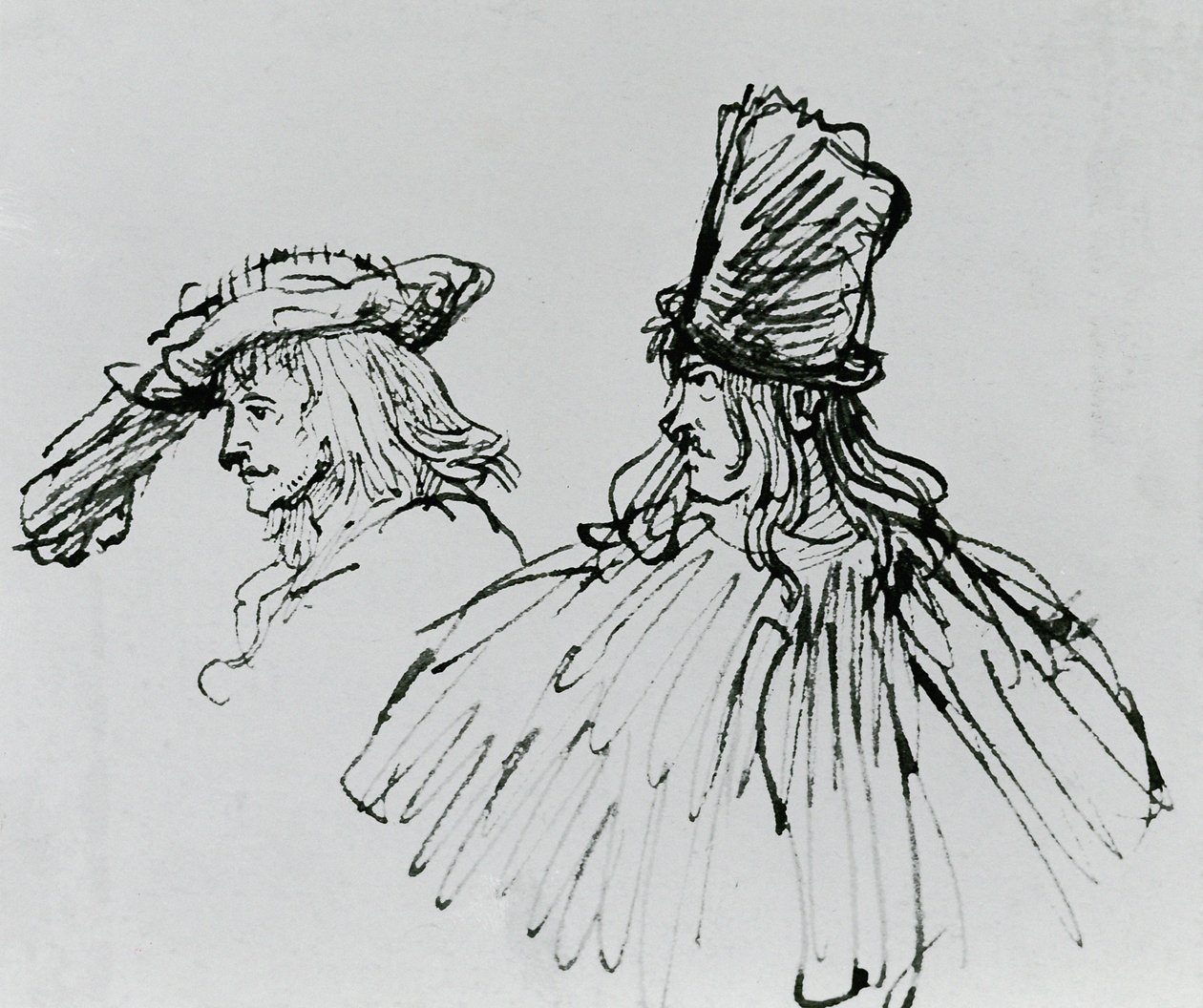 To skuespillere (penne og blækvask på papir) af Rembrandt van Rijn