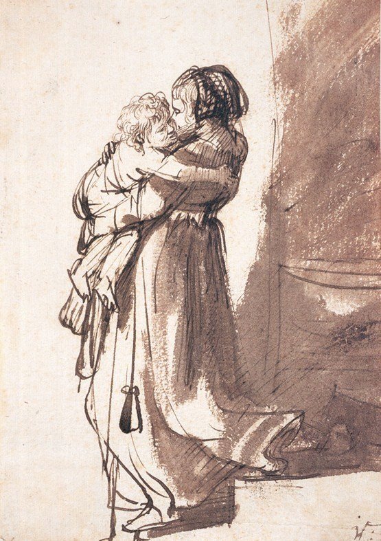 Kvinde, der bærer et barn nedenunder af Rembrandt van Rijn