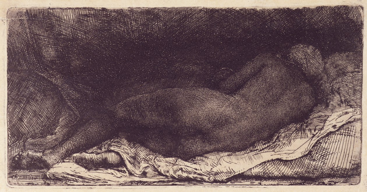 Kvinde liggende på en seng, 1658 (ætsning, tørnål og gravering med overfladetone) af Rembrandt van Rijn