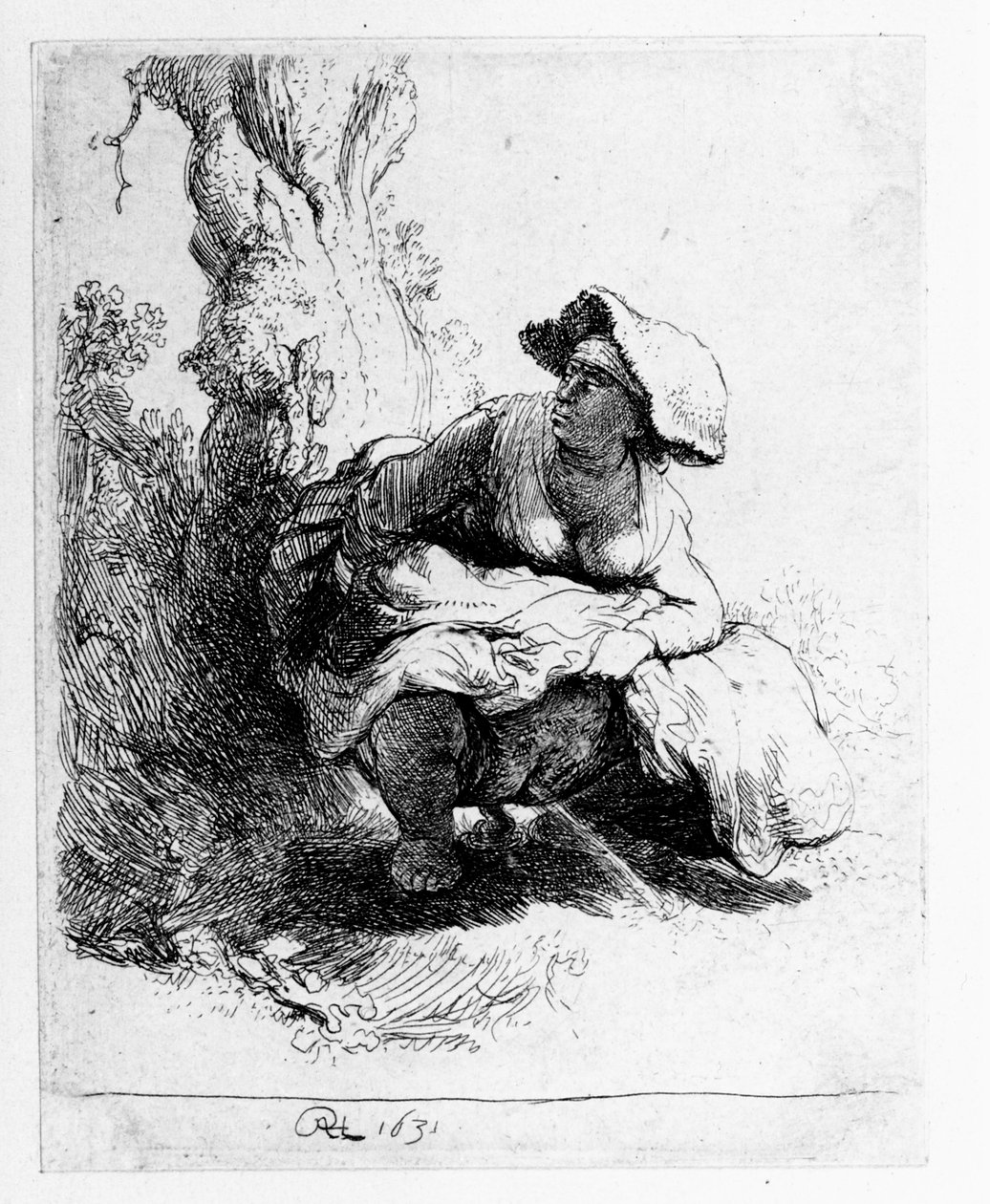 Kvinde tisser under et træ, 1631 af Rembrandt van Rijn