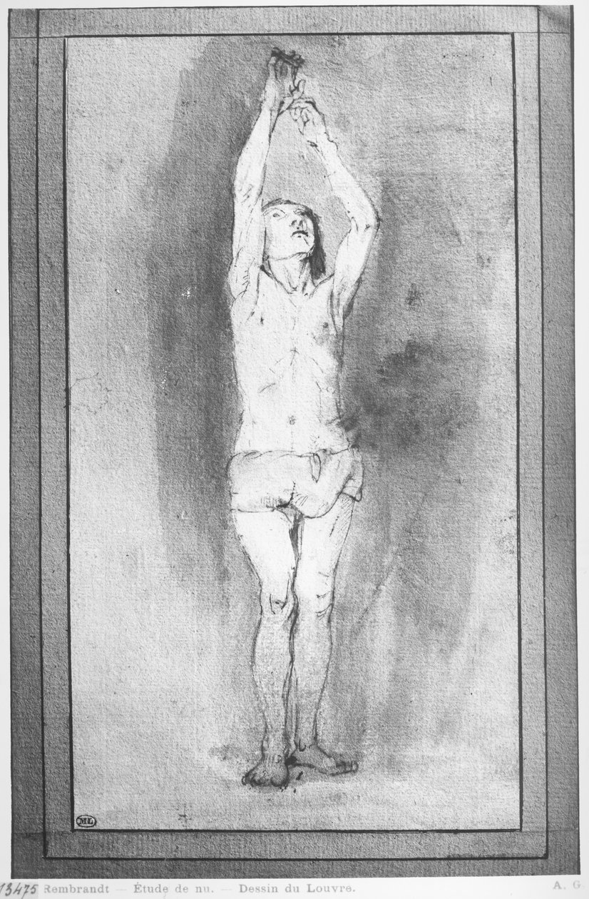 Ung dreng med et lændeklæde, begge hænder hængt på en lille stang (pen, brunt blæk og vask på papir) af Rembrandt van Rijn