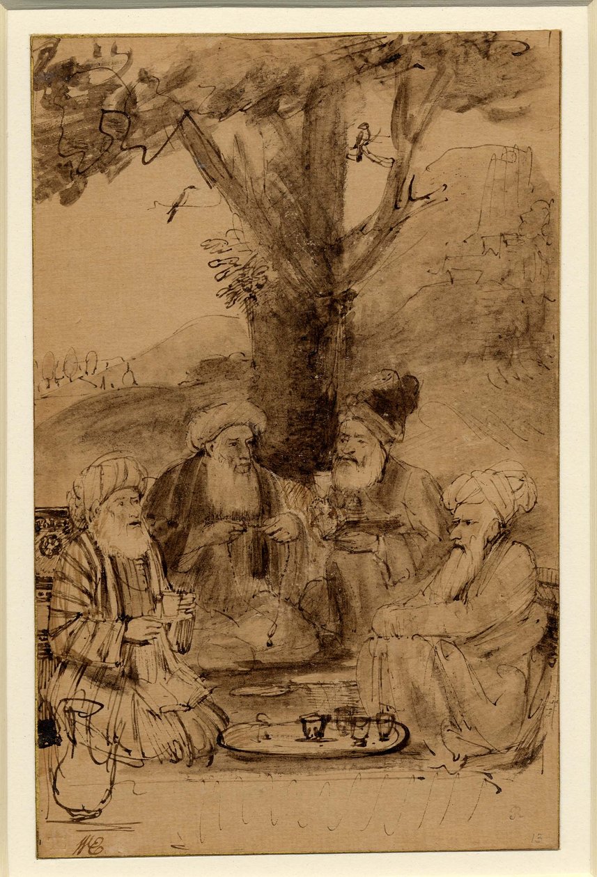 Fire mullaher siddende under et træ, Rembrandt, ca. 1656-61 af Rembrandt