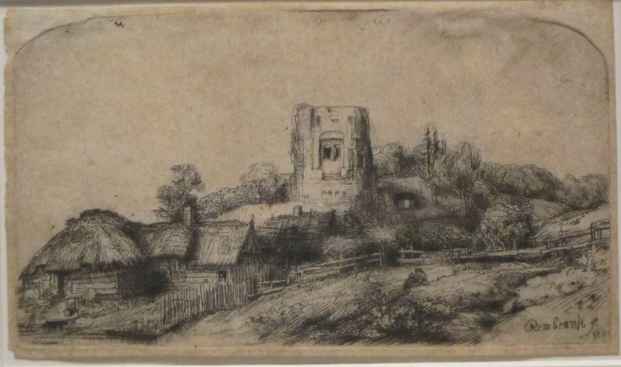 Landskab med et firkantet tårn af Rembrandt