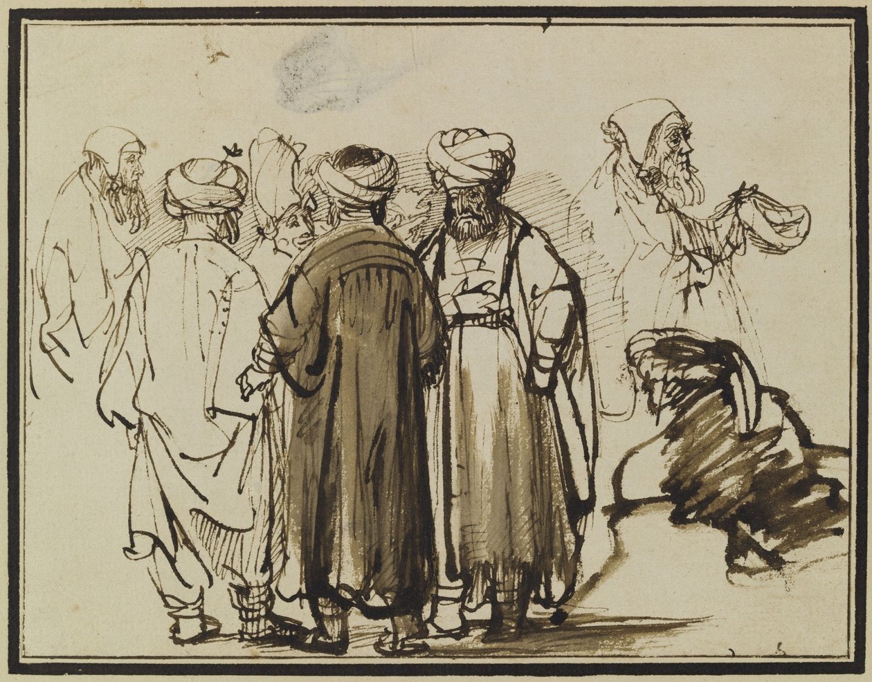 Mænd i orientalske klæder og to studier af en tigger i halvfigur. af Rembrandt