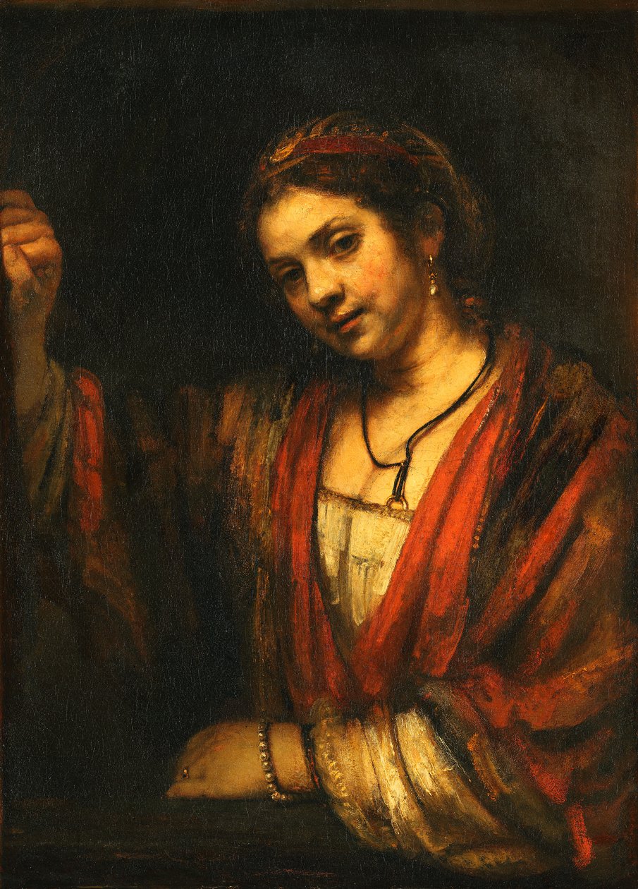 Ung kvinde ved den åbne topdør af Rembrandt
