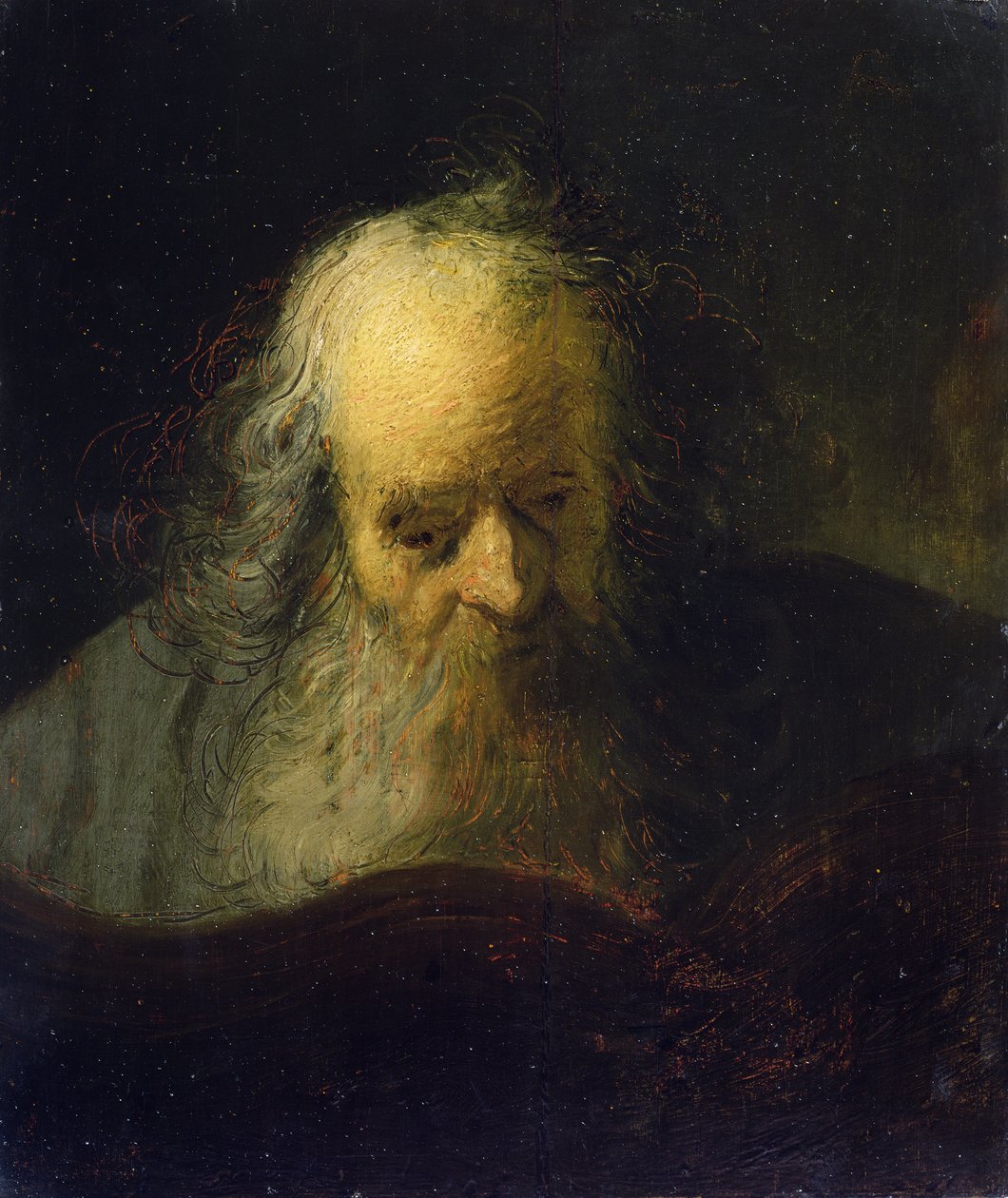 En gammel mand læser en bog (olie på lærred) af Rembrandt Harmensz. van Rijn (circle of)