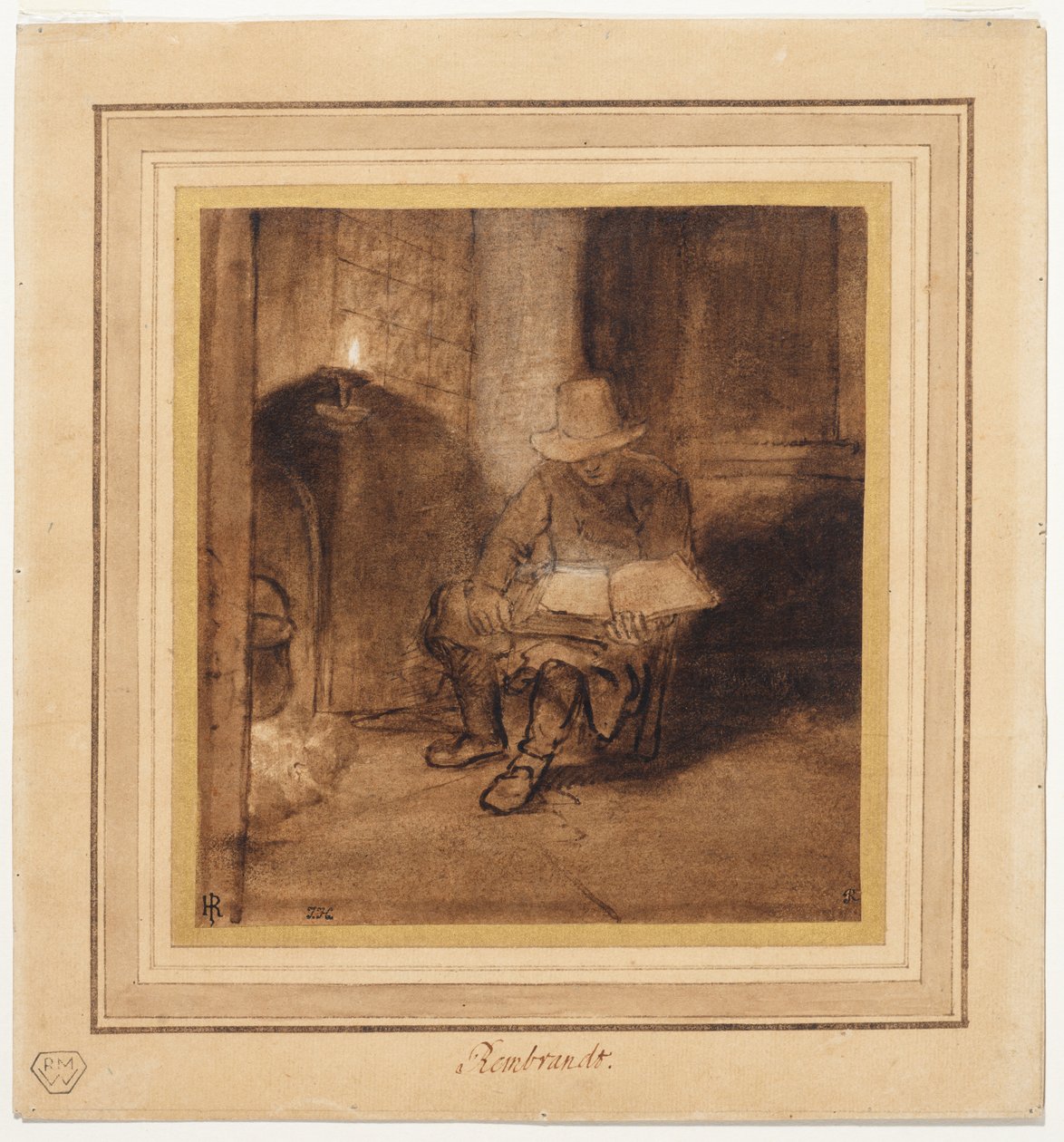 Interiør med en mand, der sidder ved et bål og læser i lampelys (recto) af Rembrandt Harmensz. van Rijn (circle of)