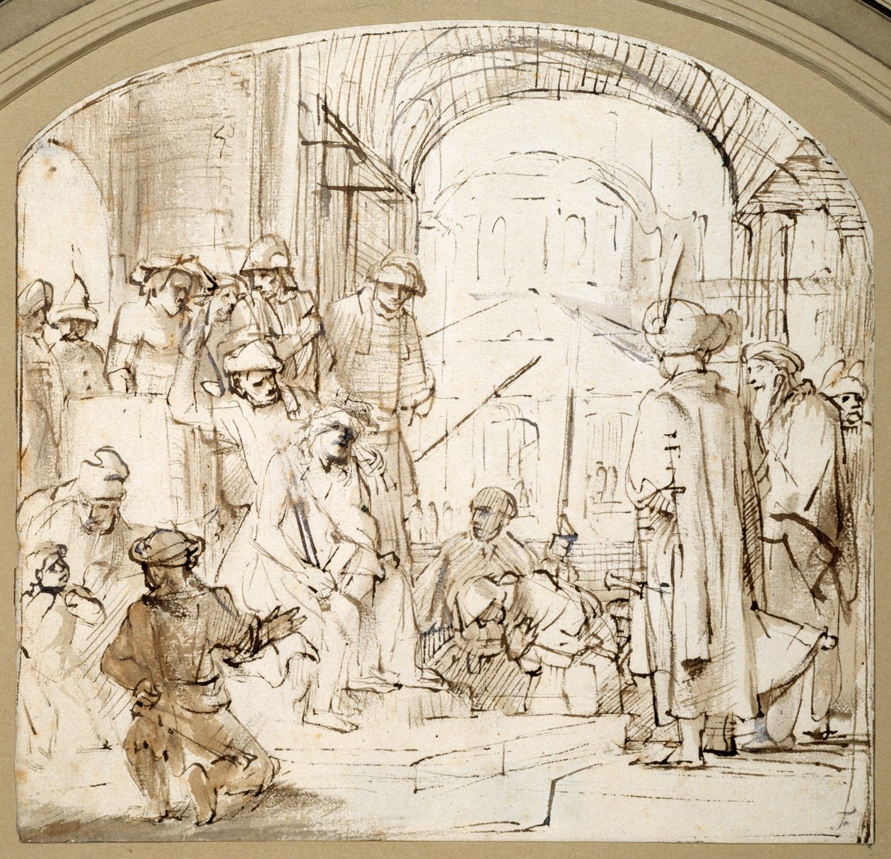 Christ Mocked (pen og blæk med vask på papir) af Rembrandt Harmensz. van Rijn (school of)
