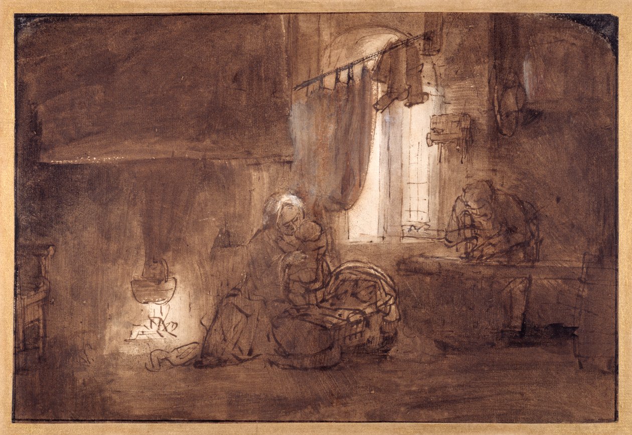 Den hellige familie i tømrerværkstedet (pen & blæk med vask på papir) af Rembrandt Harmensz. van Rijn (school of)