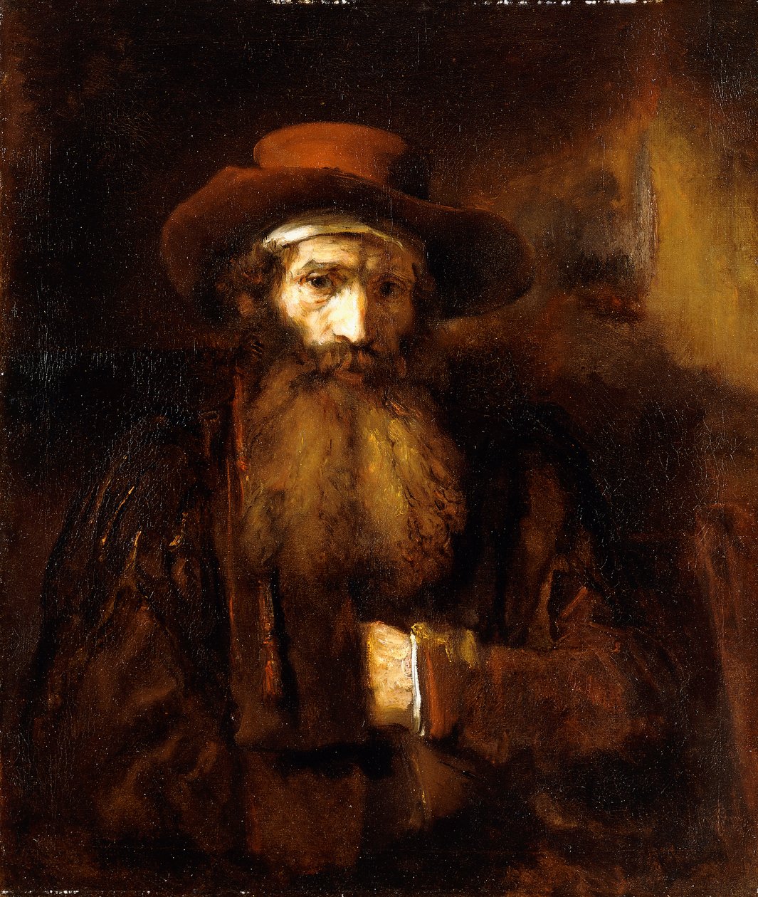 En skægget gammel mand, iført brun frakke og rødbrun hat, 1651 af Rembrandt van Rijn