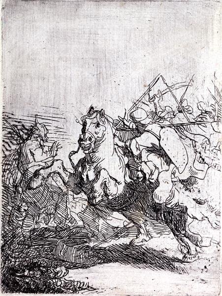 En kavalerikamp (pen og blæk på papir) af Rembrandt Harmensz. van Rijn