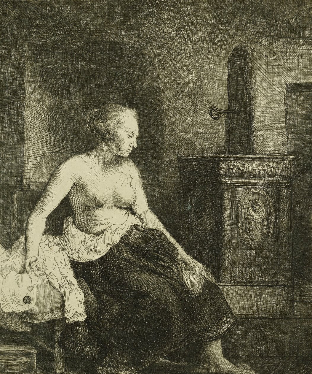 En kvinde, der sidder halvt klædt ved siden af et komfur, 1658 af Rembrandt van Rijn