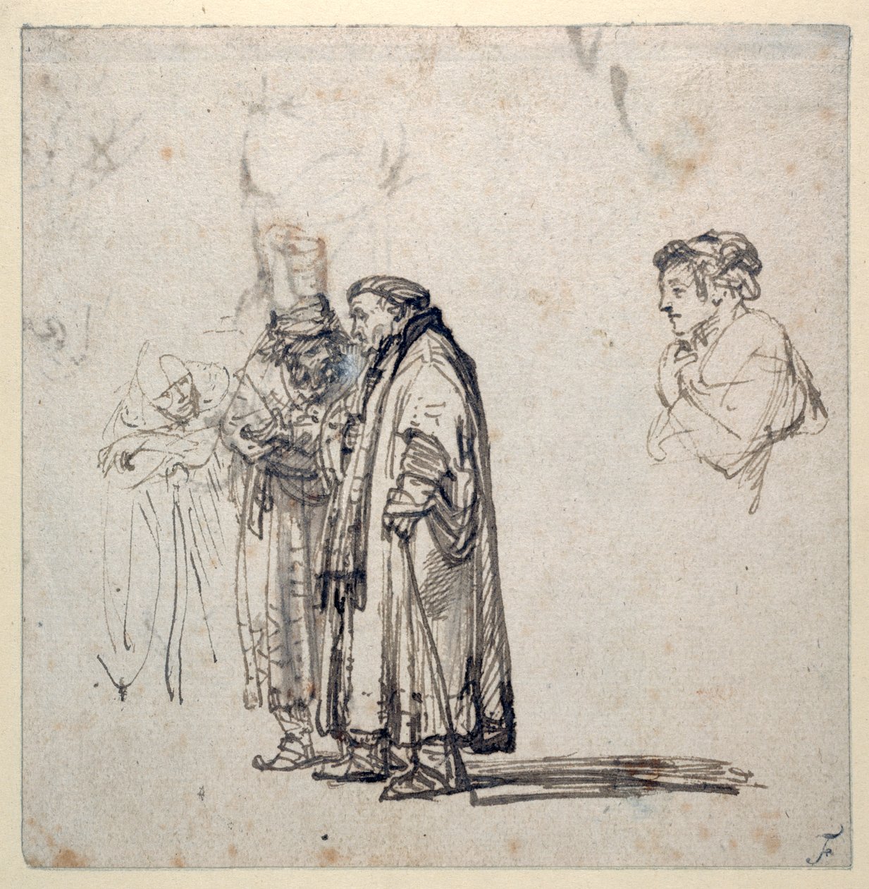 En gruppe ældre lærde og hver for sig en yngre mands profil (pen & brunt blæk med vask & gouache på papir) af Rembrandt Harmensz. van Rijn