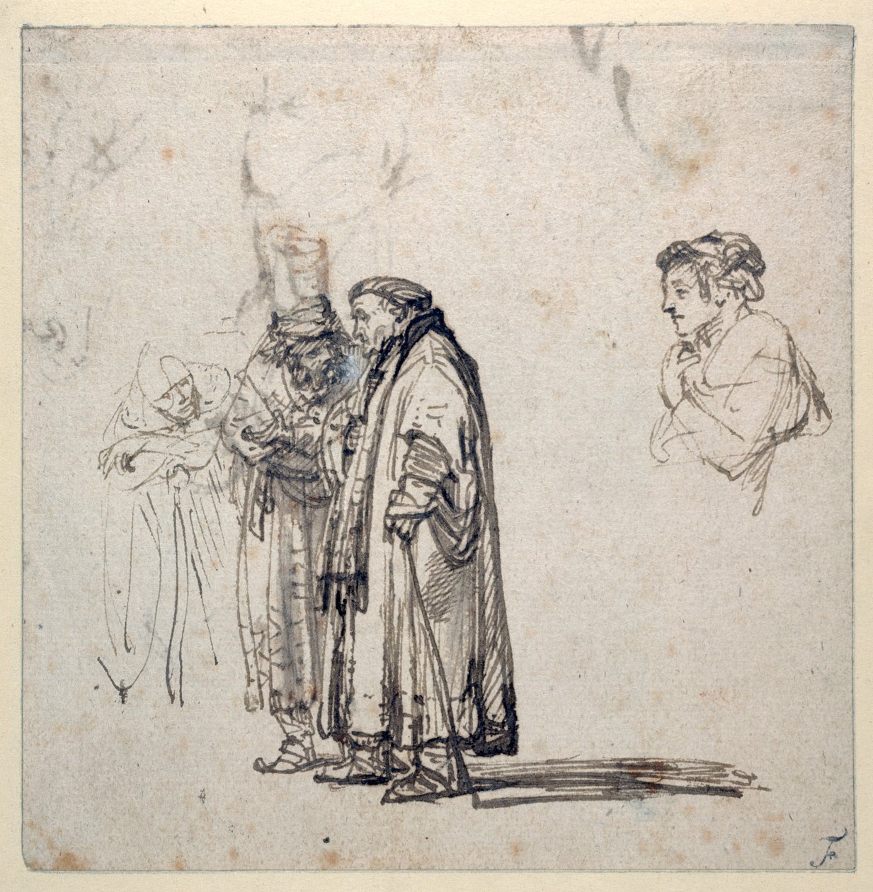 En gruppe ældre lærde og hver for sig en yngre mands profil (pen og blæk på papir) (recto of 2636120) af Rembrandt Harmensz. van Rijn
