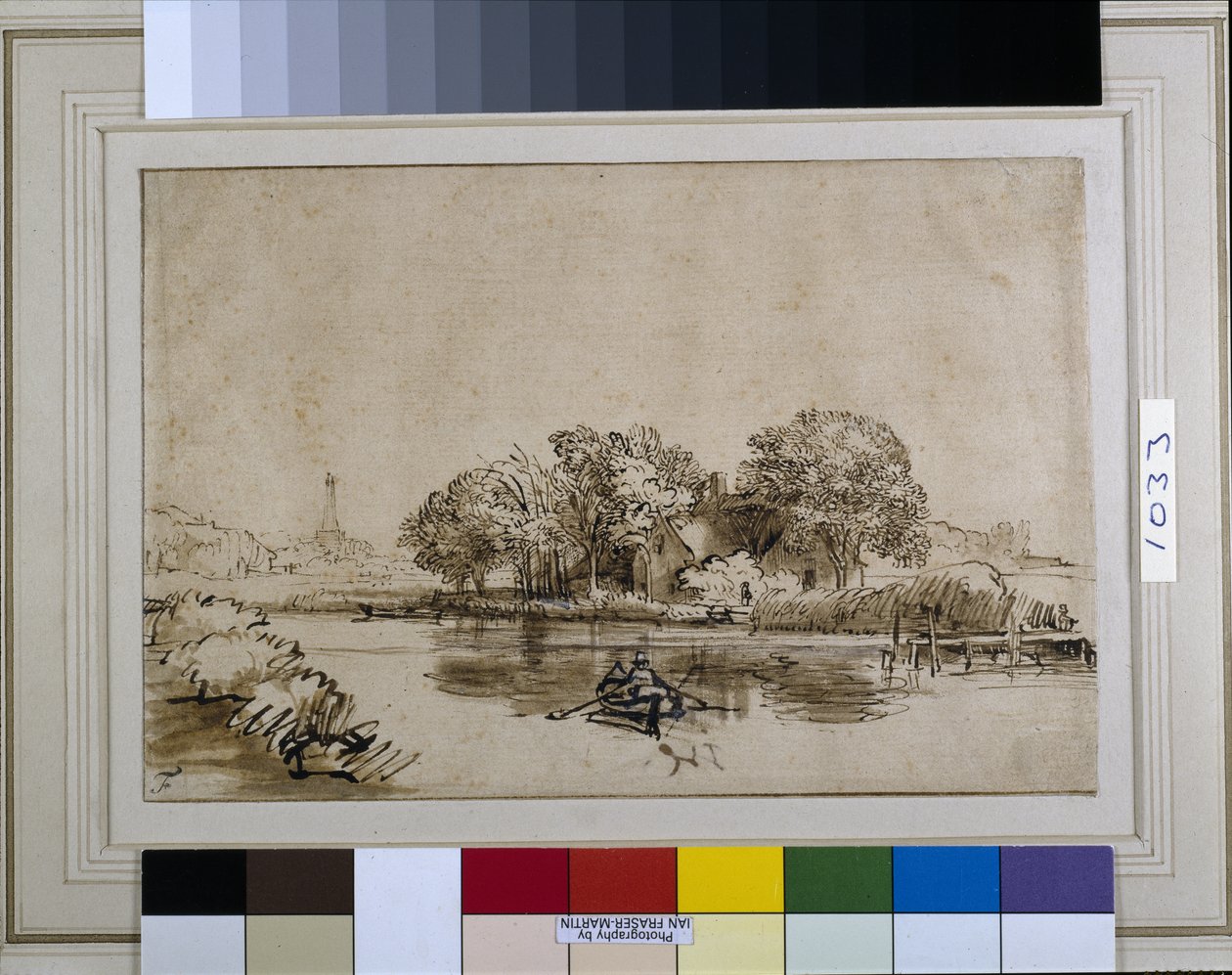 En mand, der skuller en båd på Bullewijk, med udsigt mod Ouderkerk, ca. 1650 (pen & blæk med brun vask & hvid kropsfarve på papir) af Rembrandt Harmensz. van Rijn