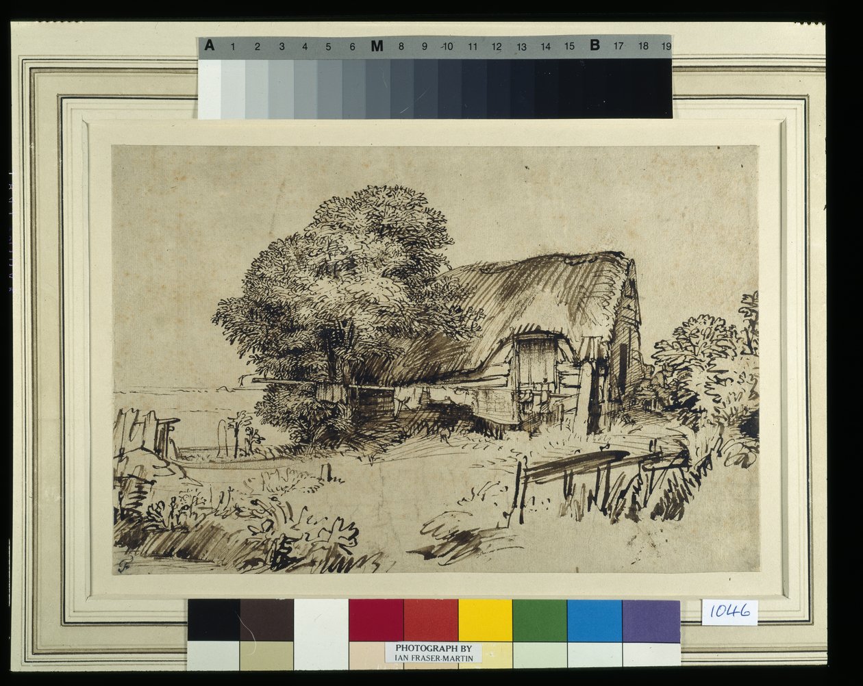 Et stråtækt sommerhus ved et stort træ, en figur siddende udenfor, ca. 1648-52 (pen og blæk på papir) af Rembrandt Harmensz. van Rijn