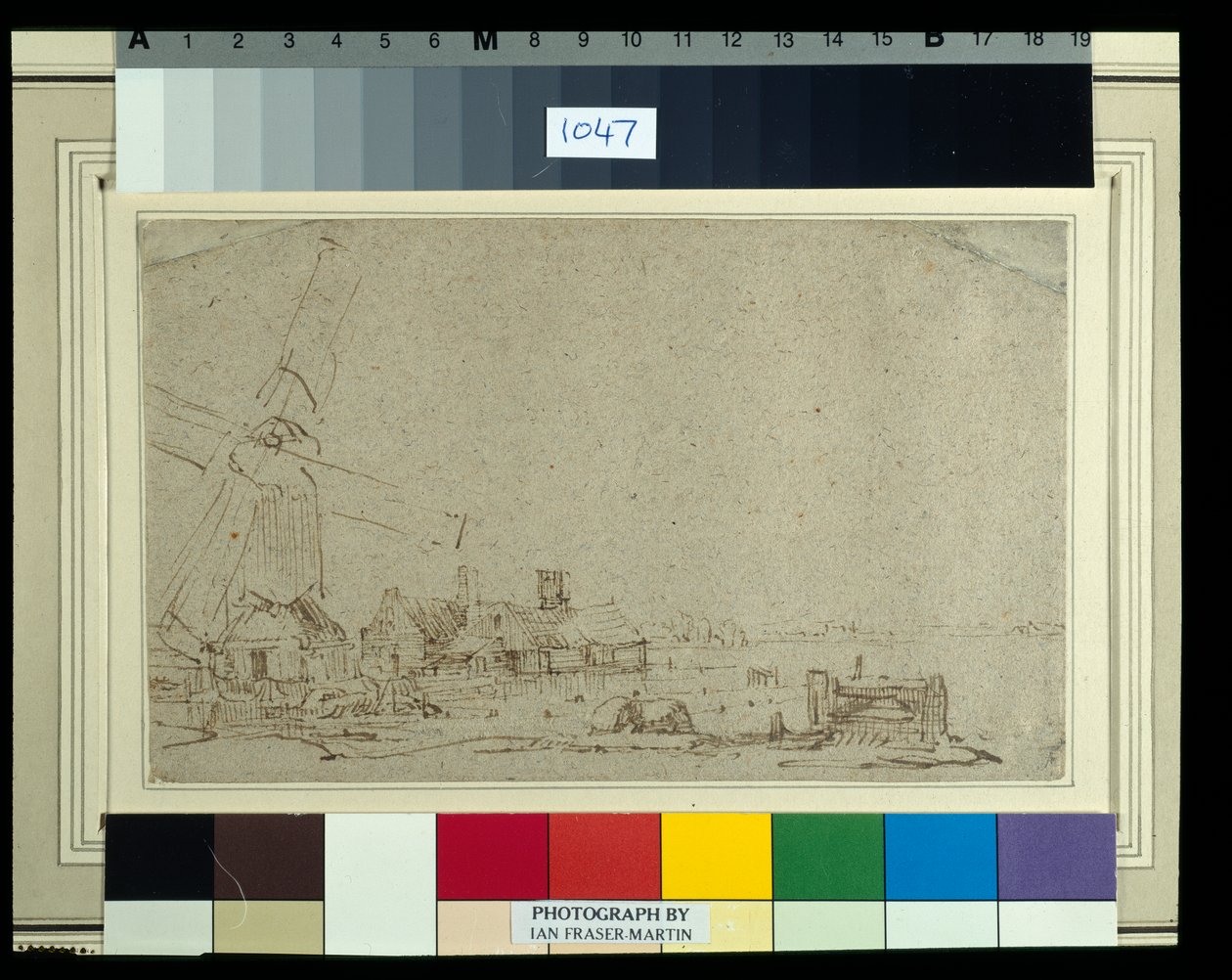 En vindmølle og en gruppe huse, ca. 1652-53 (rørpen & blæk med vask på papir) af Rembrandt Harmensz. van Rijn