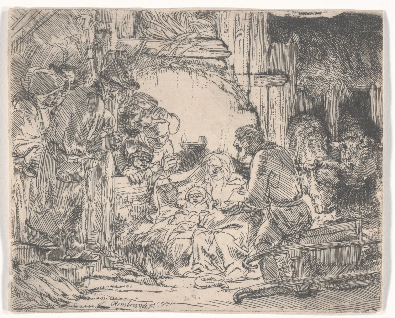 Tilbedelse af hyrderne med en lampe, ca. 1654 (radering) af Rembrandt van Rijn