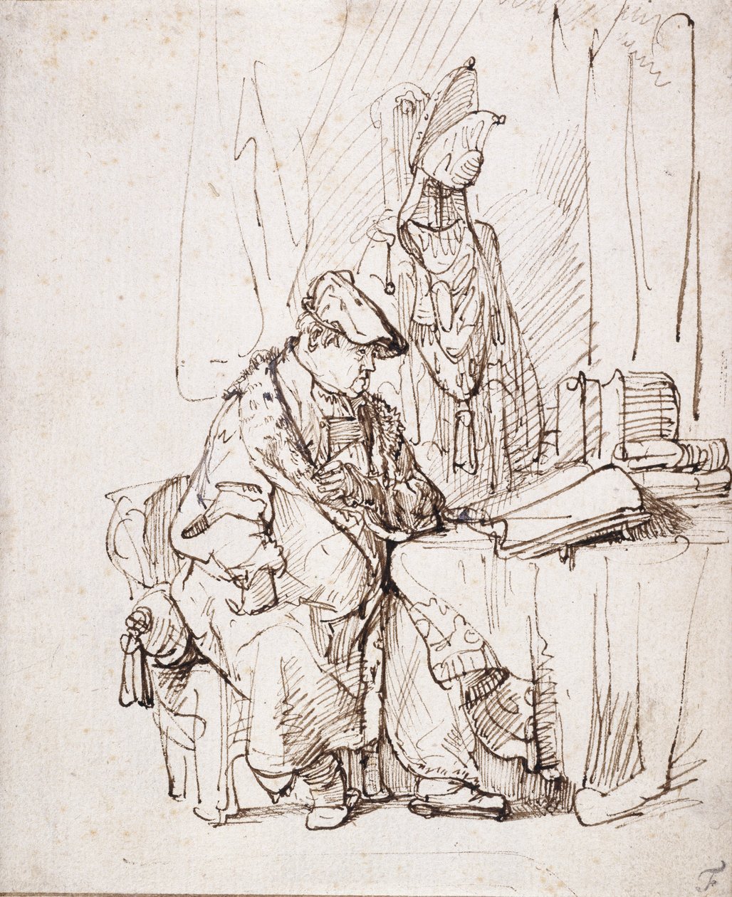 En skuespiller i sit omklædningsrum (pen og brunt blæk på hvidt papir) af Rembrandt Harmensz. van Rijn