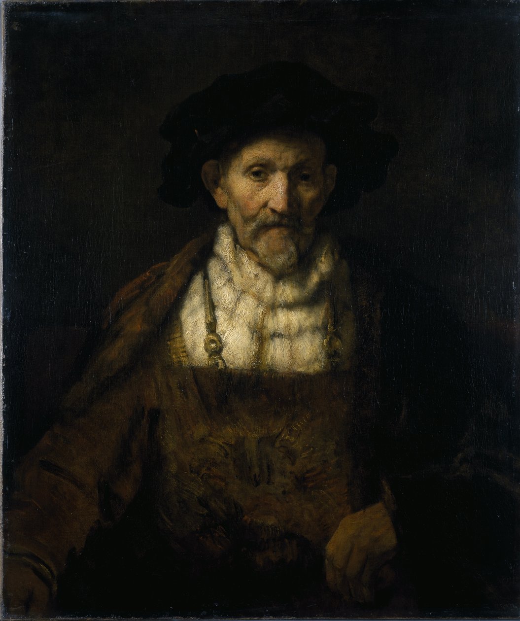En gammel mand i fantasifuldt kostume (olie på lærred) af Rembrandt Harmensz. van Rijn