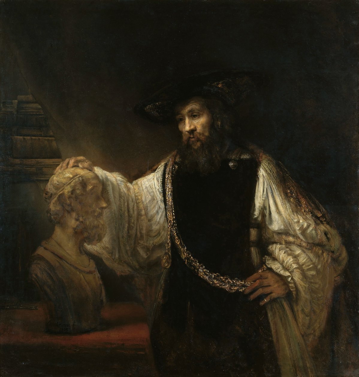 Aristoteles (384-322 f.Kr.) med en buste af Homer af Rembrandt van Rijn