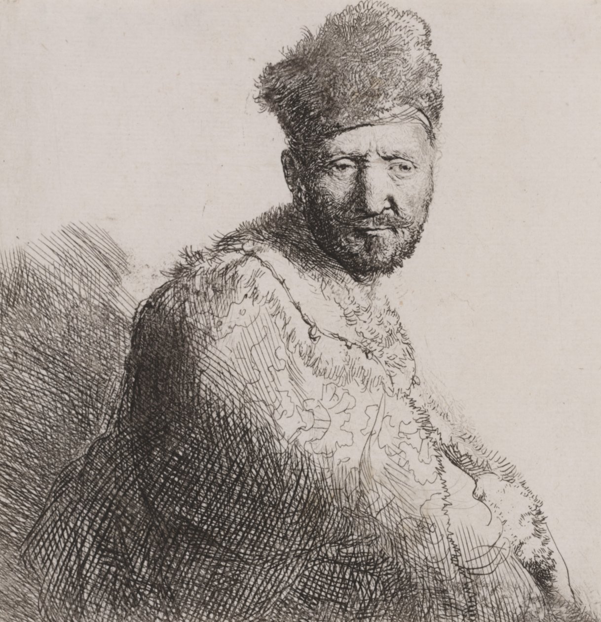 Skægget mand i pelset orientalsk kasket og kappe af Rembrandt van Rijn