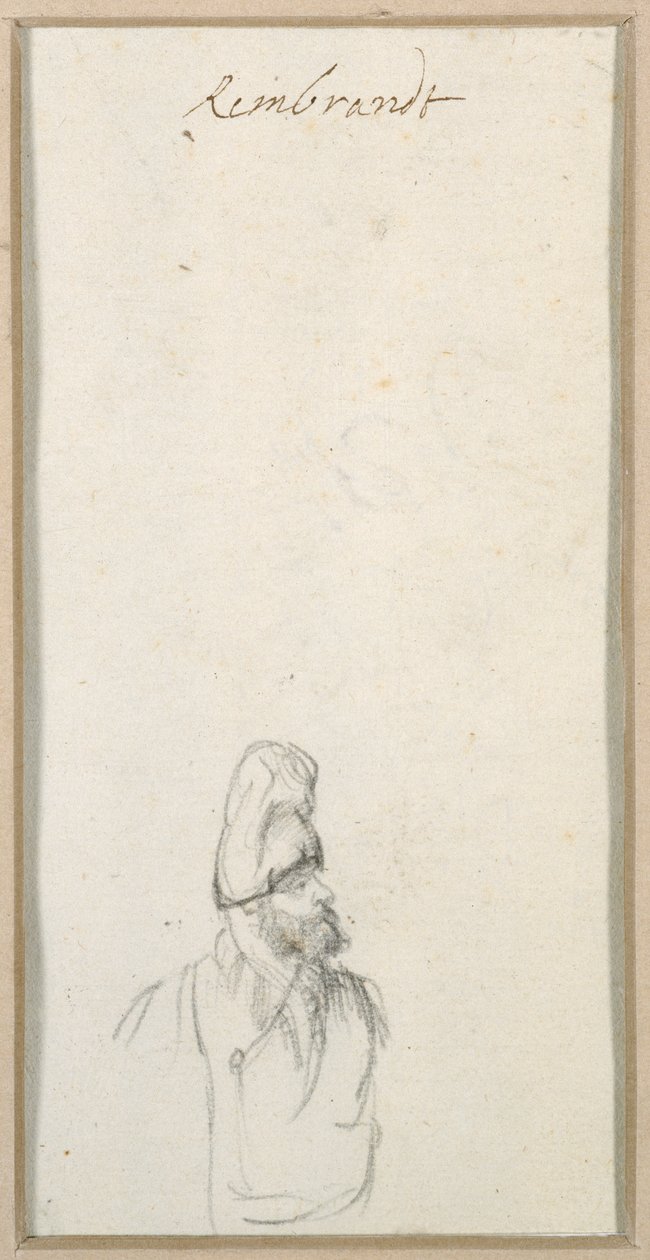 Skægget mand i profil, i høj kasket, ca. 1640 (sort kridt på papir) af Rembrandt Harmensz. van Rijn