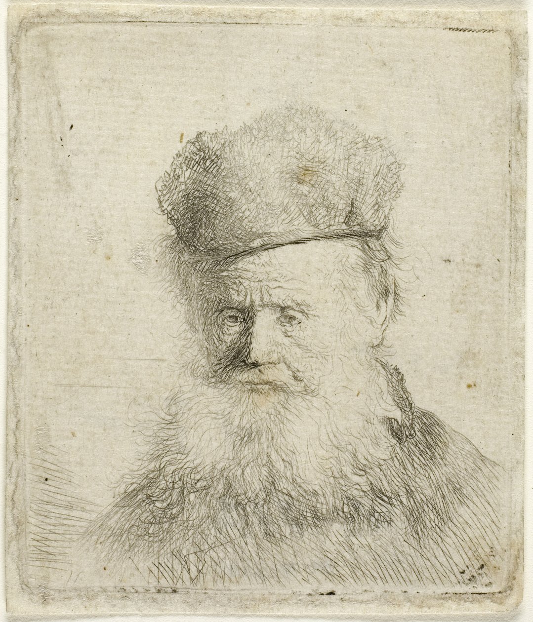 Buste af en gammel mand med pelshue og flydende skæg, ca. 1631 (radering på papir) af Rembrandt Harmensz. van Rijn