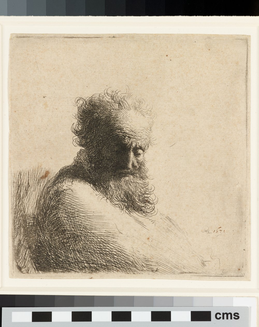 Buste af en gammel skægget mand, der ser ned, tre fjerdedele til højre af Rembrandt Harmensz. van Rijn