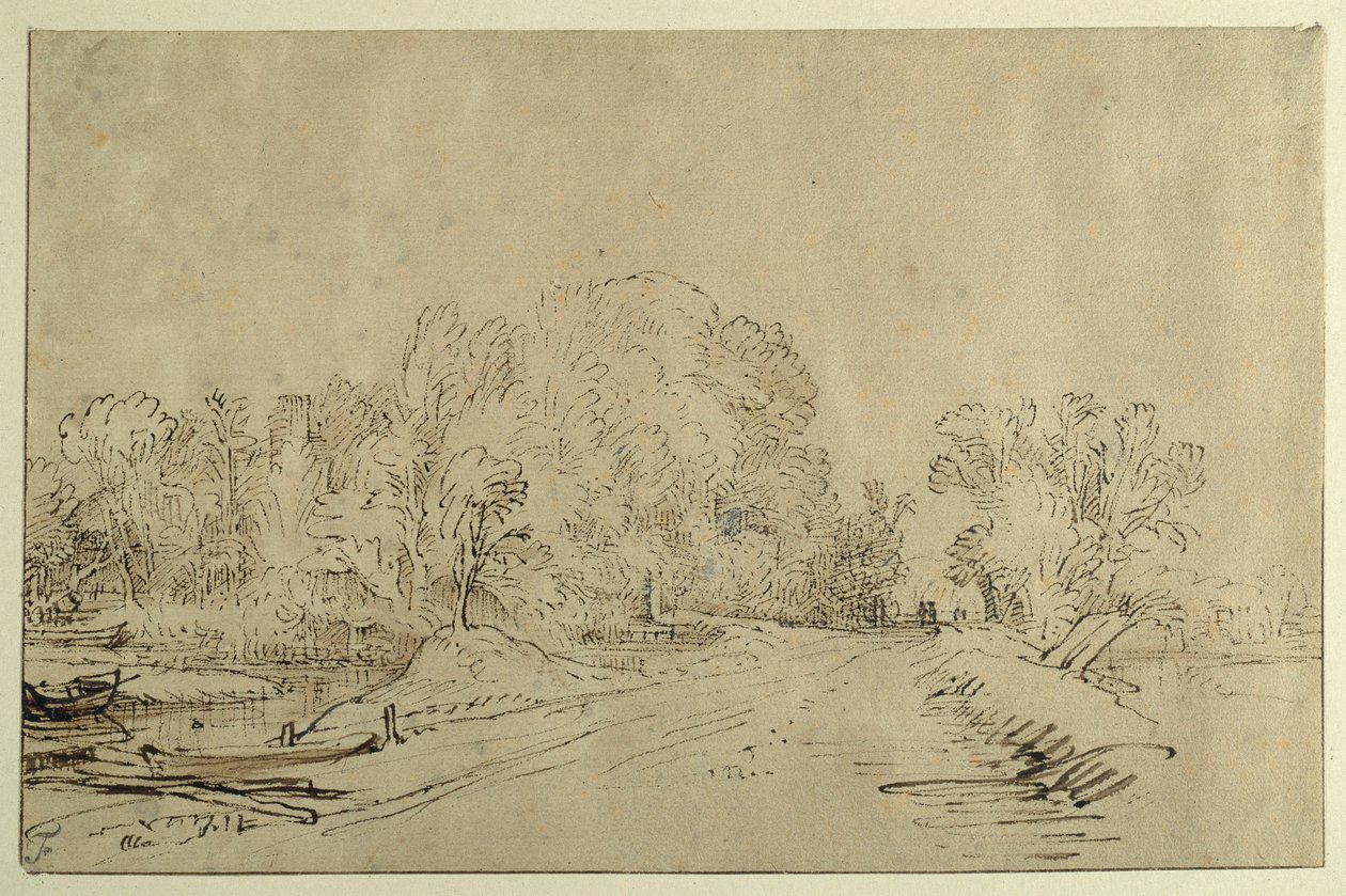 Kanal med både, en dige, vej og træer (rørpen og blæk med vask på papir) af Rembrandt Harmensz. van Rijn