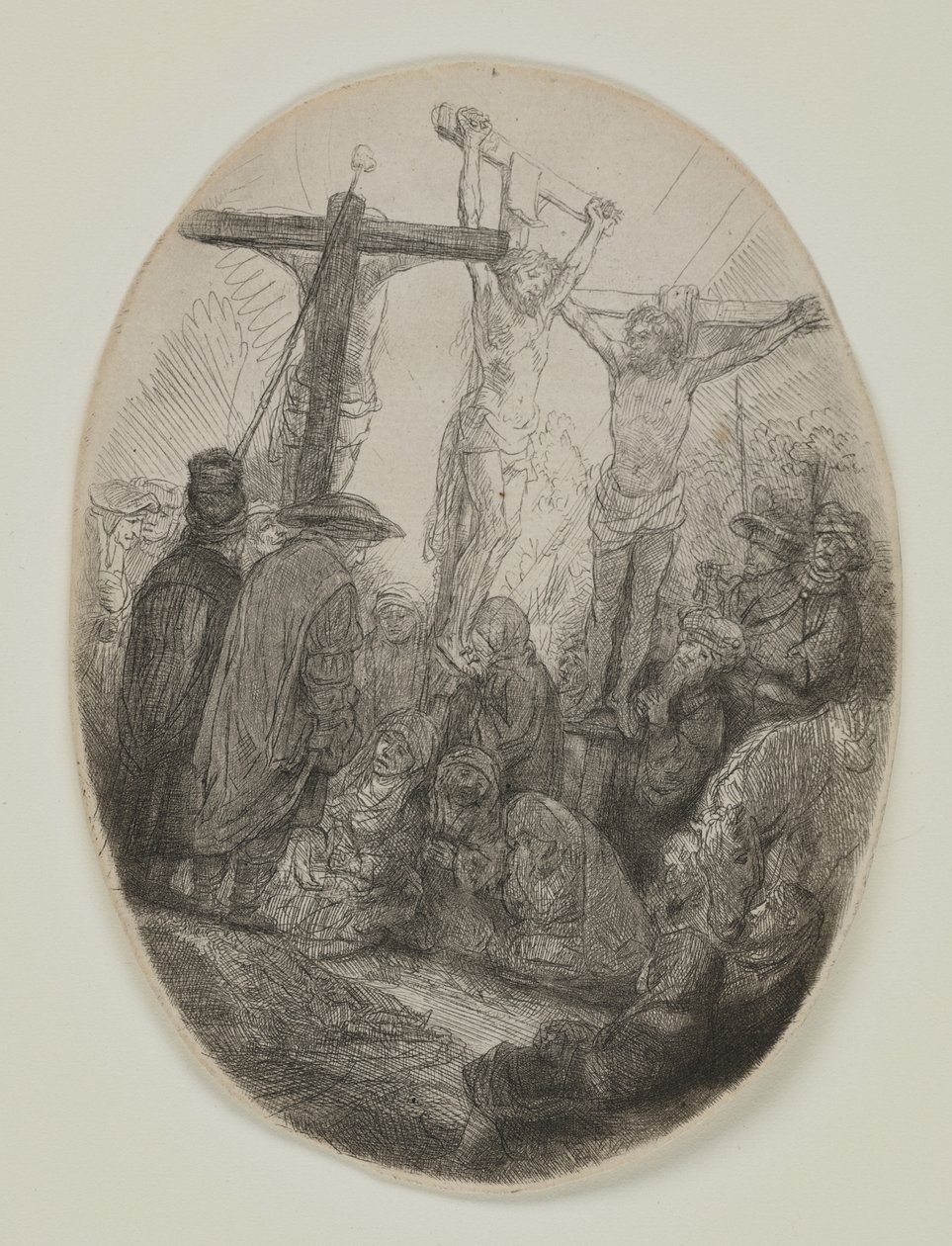 Kristus korsfæstet mellem to tyve: en oval plade, ca. 1641 (ætsning og tørnål) af Rembrandt van Rijn