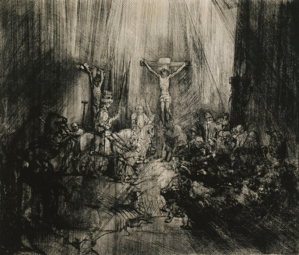 Kristus korsfæstet mellem de to tyve - "De tre kors", ca. 1653-1661 af Rembrandt van Rijn