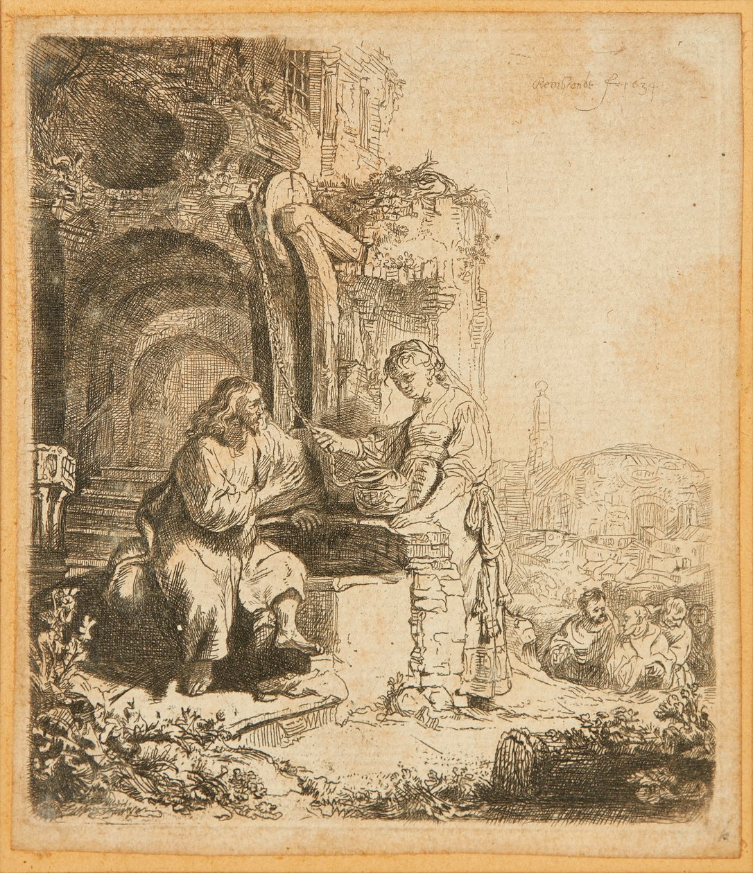 Kristus og kvinden i Samaria, blandt ruiner (radering) af Rembrandt Harmensz. van Rijn