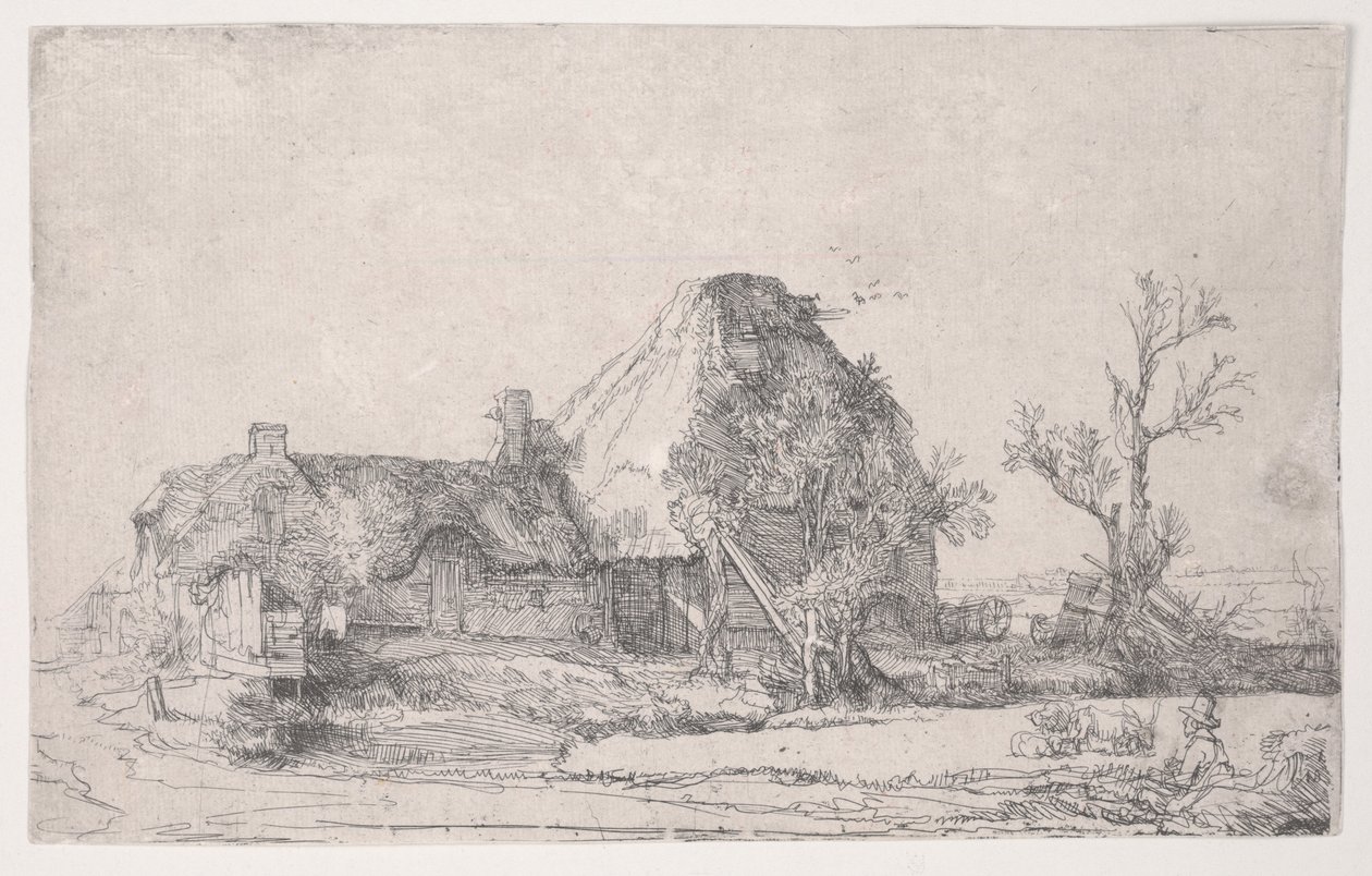 Sommerhus og landbrugsbygninger med en mand, der tegner, ca. 1645 (radering) af Rembrandt van Rijn