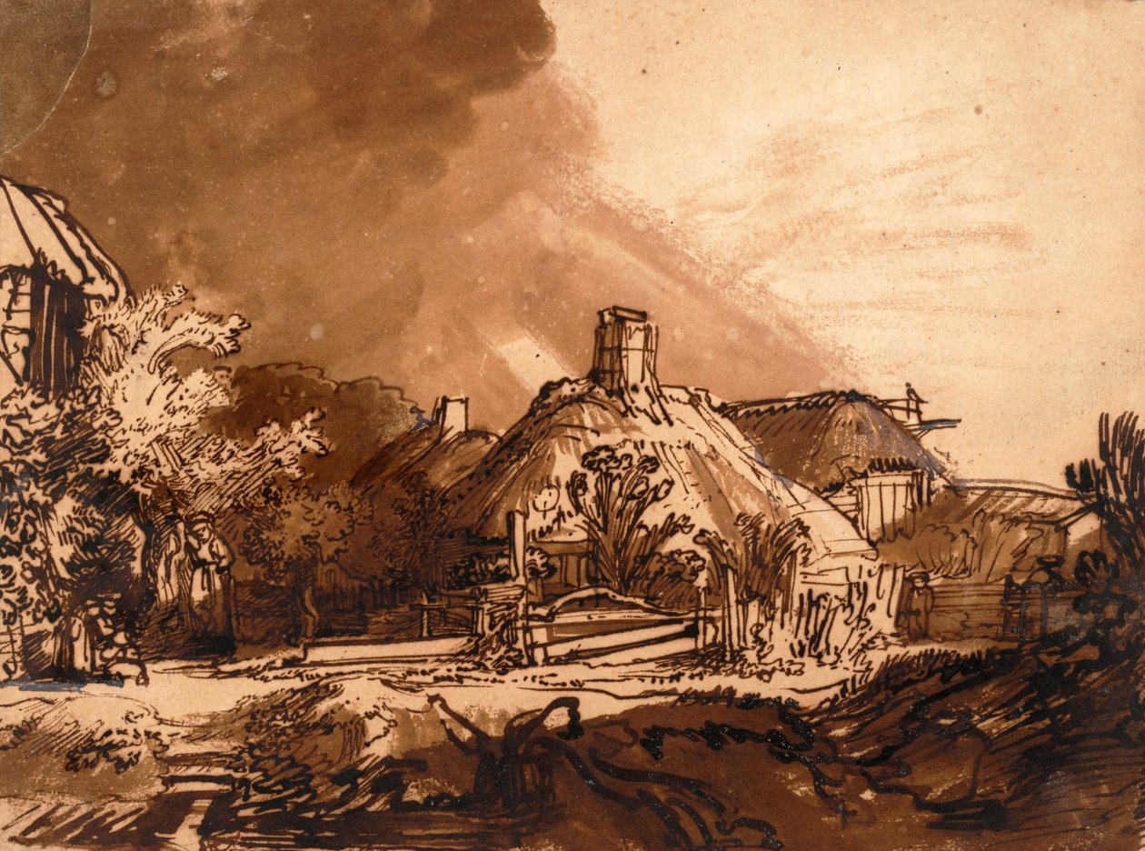 Hytter før en stormfuld himmel (pen og blæk) af Rembrandt van Rijn