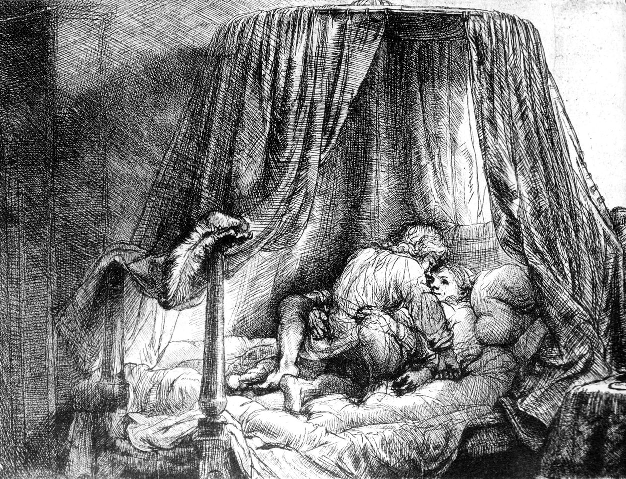 Par elsker i sengen, gravering af Rembrandt van Rijn (1606-1669) 1646 af Rembrandt Harmensz. van Rijn