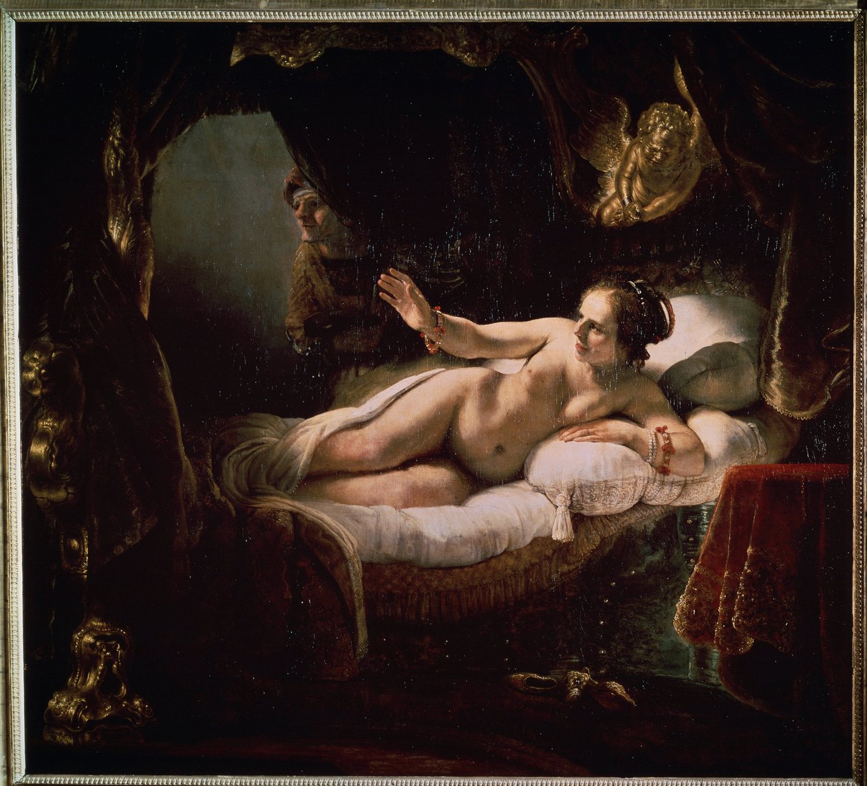 ""Danae"". Græsk mytologi: Zeus præsenterer sig for Danae i form af en byge af guldmønter for at forføre hende. Maleri af Harmenszoon van Rijn kendt som Rembrandt (1606-1669) af Rembrandt Harmensz. van Rijn